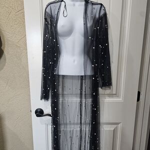 Sheer Black Pearl-Embellished Duster